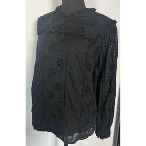 J. Crew Black Eyelet Embroidered Funnel Neck Top Women's 2X Romantic Boho